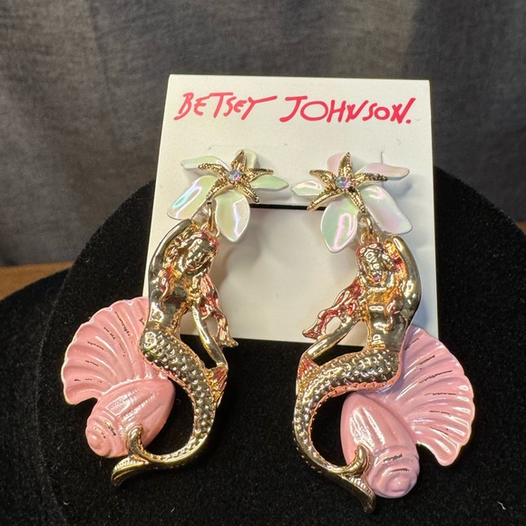 Betsey Johnson Pink Mermaid Starfish Seashell Crystal Flower Dangle Earrings - Picture 3 of 7